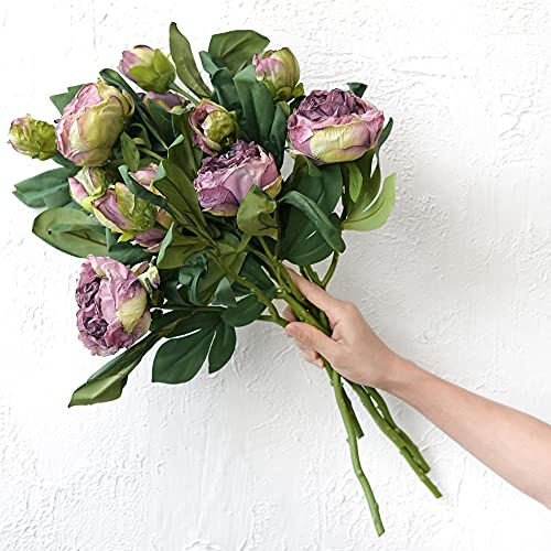 Image of FiveSeasonStuff Vintage Purple Peonies - Realistic Artificial Silk Flowers with Dry-Look Petals, 6 Stems for Rustic Home & Wedding Floral Arrangements