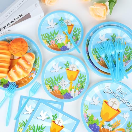 Image of Qyeahkj 100 Pcs Baptism Plates and Napkins, First Holy Communion Party Blue Paper Disposable Tableware Decorations for Boys God Bless Decor for Christening Celebration Party Baby Shower, Serves 25