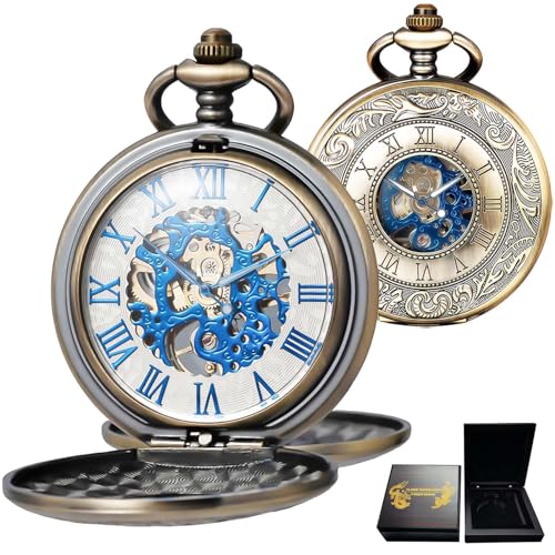 DerMacht Mechanical Roman Numerals Dial Bronze Skeleton Pocket Watches with