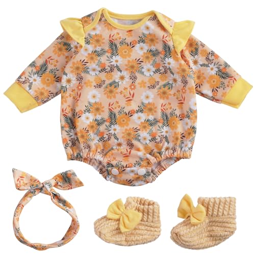 BABESIDE 3 Pcs Reborn Baby Doll Clothes for 17-22 Inch Babydolls, Floral Pattern Doll Clothes Onesies with Shoes and Headband for Lifelike Reborn Baby Dolls Accessories, Yellow