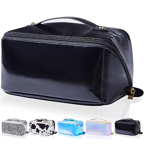 HLQHXWHZT Large Capacity Cosmetic Bag Portable Travel Makeup Bag Organizer Cow Leather Waterproof Makeup Case Skincare Toiletry Bag with Handle and Dividers for Women Girls Open Lay Flat Storage Bag,
