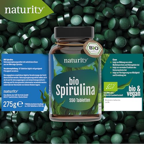 BIO Spirulina Tabletten I 550 Presslinge, 100% gemahlene Spirulina I Mit natürlichem Eisen-Gehalt I Ökologisch kultiviert & Bio-zertifiziert I Vegan, ohne Zusätze & Rückstände I Naturity