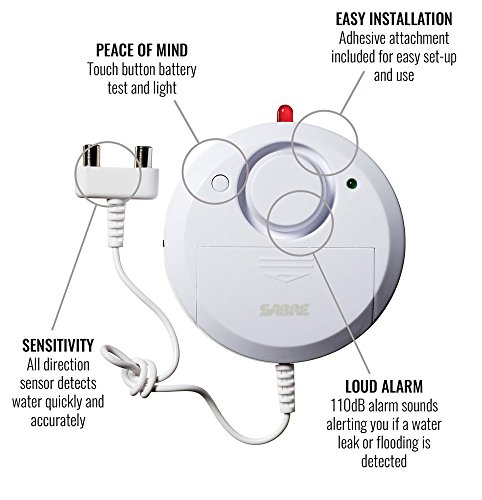 Sabre Water Leakage Alarm, 110 Db Alarm, Audible Up To 1,500-Feet (457-Meters), All Direction Water Sensor, High And Low Volume Settings, Battery Test Button #TOP1