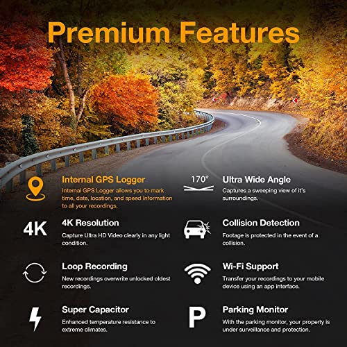 Rexing V1GW-4K Ultra HD Car Dash Cam w/Built-in GPS Logger, 2.4" LCD Screen,Wi-Fi,170° Wide Angle Dashboard Camera Recorder with G-Sensor, WDR, Loop