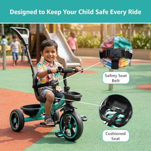 Image of Amazon Brand - Symactive Tricycle for Kids | Plug N Play | Baby Cycle with Parental Control, Eva Wheels, Bell, Seat, Belt & Basket | Kids Tricycle | 2+ Years Unisex | Weight Limit 25 Kgs (Ice Blue)