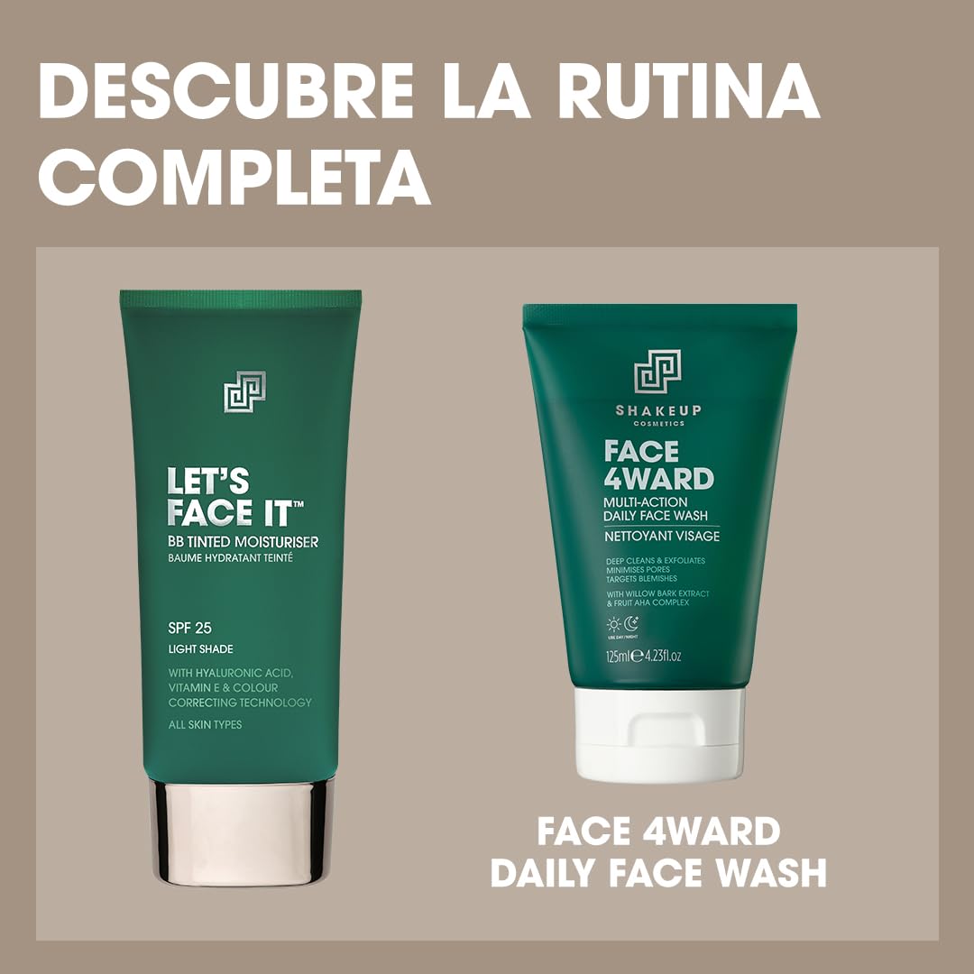 Shakeup Cosmetics BB Cream Hombre, Crema Hidratante con Color y SPF25, Cobertura Natural para Rojeces e Imperfecciones, Maquillaje Masculino Vegano, Hidratación 24h, Tono Medio, 50 ml, LET'S FACE IT