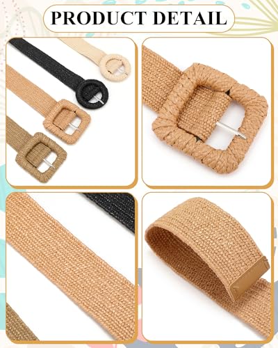 Image of WILLBOND 4 Pcs Women's Elastic Raffia Woven Belt, Boho Rattan Buckle Stretch Straw Wide Waist Belt for Dresses Jeans Pants
