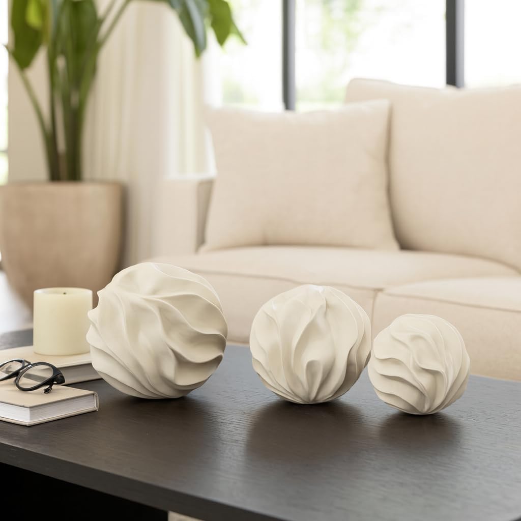Home and Office Ornament for Living Room Decor – Unique Polyresin Orbs with Sculpted Wave Texture – Minimalist Home Decor for Shelf, Office, Coffee Table, or Bathroom Set of 3 – 6", 5", 4" White