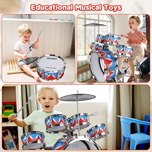 Kids Drum Set, Toddler Jazz Drum Kit 10 Piece For Toddler Toys 5 Drums With Stool Pedal Percussion Musical Instruments Drum Toy Birthday Early Education Xmas Gift Toys For 3 4 5 Year Old Girls Boys #TOP2