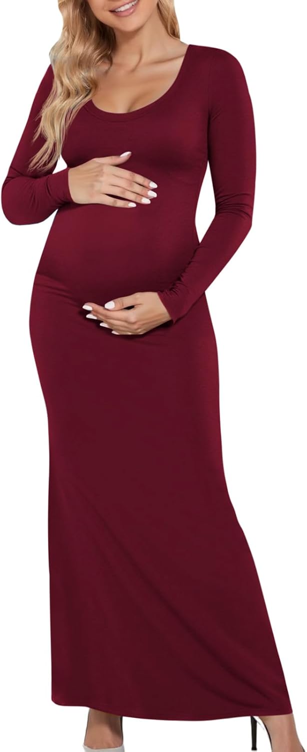 Yousify Womens Scoop Neck Maternity Maxi Dress Split Long Sleeve Slim Fit Split Casual Pregnancy Clothes for Baby Shower