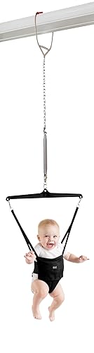 Jolly Jumper Iconico (negro), puerta asiento de sillín de ejercicio para interiores, altura ajustable, para bebés de hasta 28 libras, no requiere