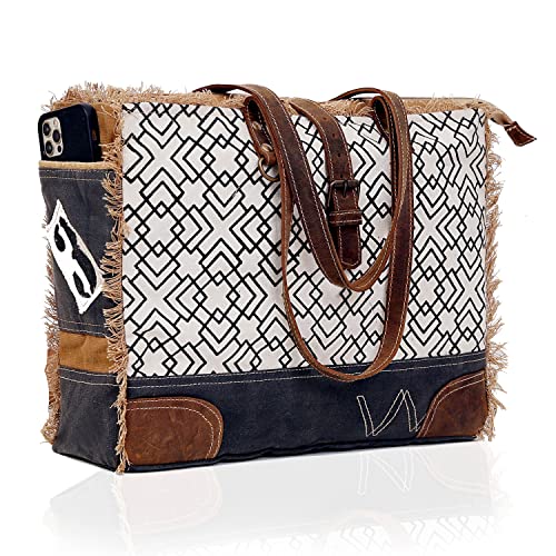 Image of Upcycled Canvas & Leather Shoulder Bag Tote Crossbody Purse Leather Tote Bag Classic Canvas Tote