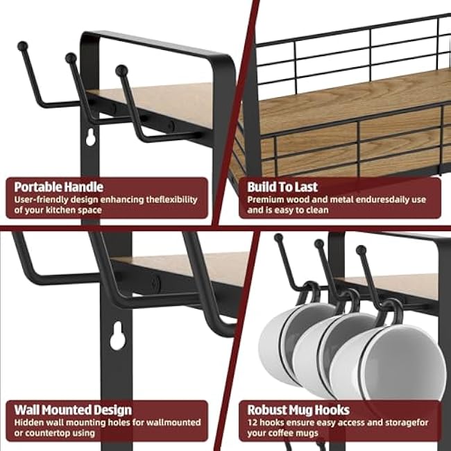 elevate your coffee experience with our 2-tier wooden shelf, the ultimate coffee station organizer and coffee pod holder, featuring a stylish mug tree for your coffee bar accessories.