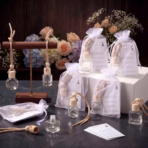 Image of Boao 10 Sets Hanging Car Air Freshener Diffuser Bottles Empty Bulk with Car Diffuser Instruction Cards Organza Bags Glass Refillable Essential Oil Fragrance Aromatherapy Pendant (5 Shapes)