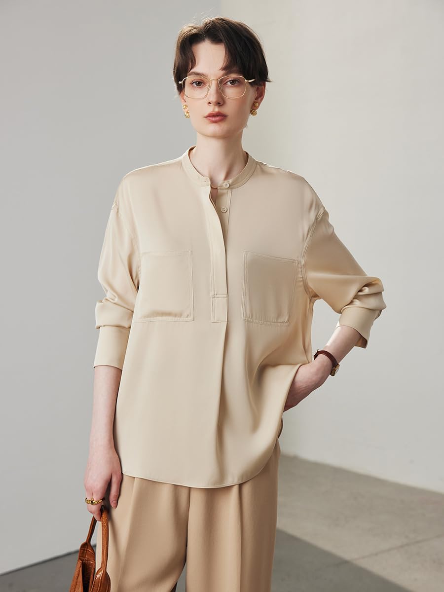 Camisa de Oficina Holgada de Seda con Cuello Alto para Mujer