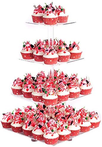 YestBuy 4 Tier Acrylic Cupcake Stand with Base, Cake Stand, Premium Cupcake Holder, Acrylic Cupcake Tower Display Cady Bar Party Décor – Display for Pastry (6" Between 2 Layers)…