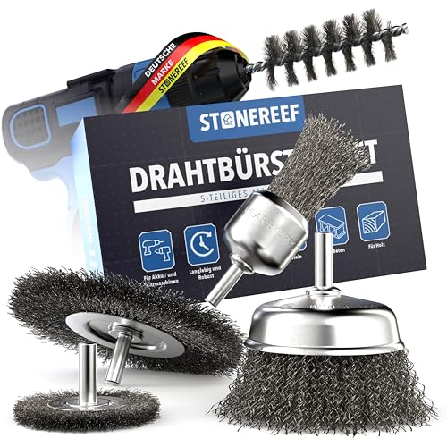 Drahtbürste 5er Set [6mm Rundschaft] Bohrmaschinen Akkuschrauber Draht Aufsatz - Universalaufsätze zur Oberflächenbearbeitung - Ideal zum Entrosten und Abtragen von Farbe Holz und Metall