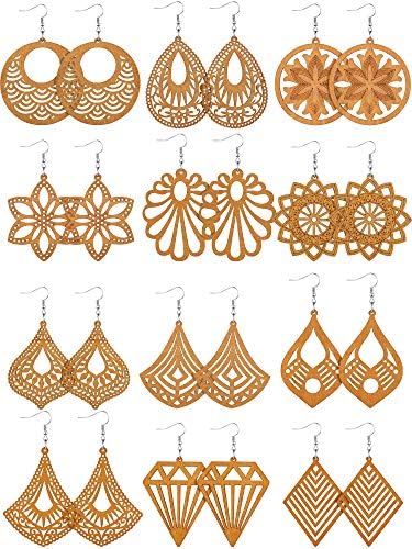 12 Pairs African Wooden Earrings for Women Bohemian Wood Ethnic Dangle Drops Bulk(Chic Styles)