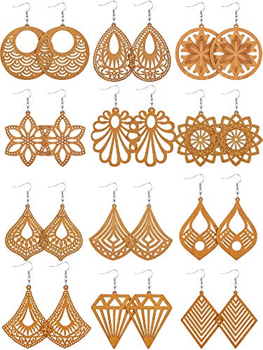 12 Pairs African Wooden Drop Earrings Bohemian Pendant Dangle Earrings Lightweight Ethnic Style Wood Earrings For Women (Chic Styles) #TOP14