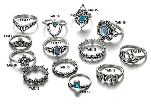 KIT ANÉIS FALANGE JOIAS PRATEADO TARTARUGA CRISTAL AZUL COM 13 ANEIS T5670