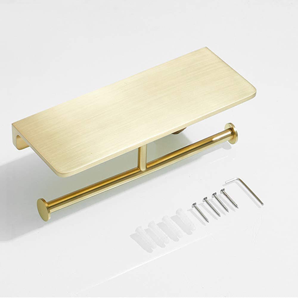 Portarrollos para Papel Higiénico de Pared con Estante Latón Double Porta Rollos de Papel Higienico Oro Cepillado Accesorios de Baño, Portarrollos Baño para Cocina y Baño