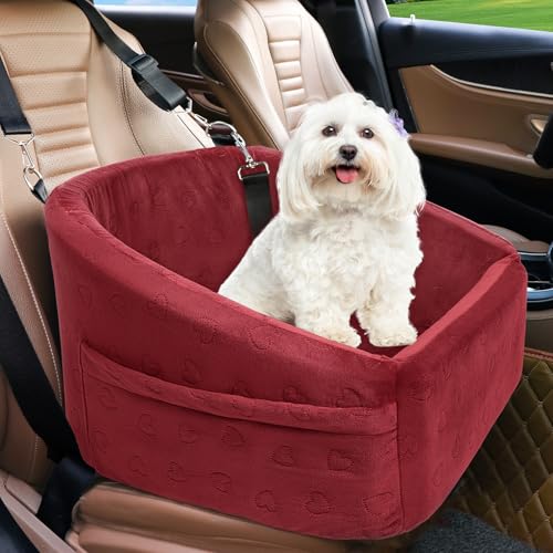 NEEZUKAR Dog Car Seat for Small Medium Dogs,Detachable Washable Dog Booster Seat Under 30lbs, Pet Car Seats Travel Bed with Storage Pockets and Safety Belt(Red)