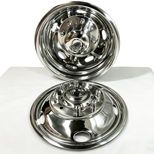 Image of 4pcs 19.5 inch Front Rear Polished Stainless Steel Dually Wheel Simulators,8 Lug 5 Hand Hole Bolt On Hub Caps,Skins Liners Wheel Covers w /Installation Tools for 1999-2004 Ford F450 F550 Super Duty C19F8