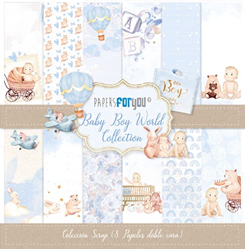 Papers For You Colección 8 Papeles + 2 Recortables Scrap doble cara 180gr 12'x12' Básicos (Baby Boy World)