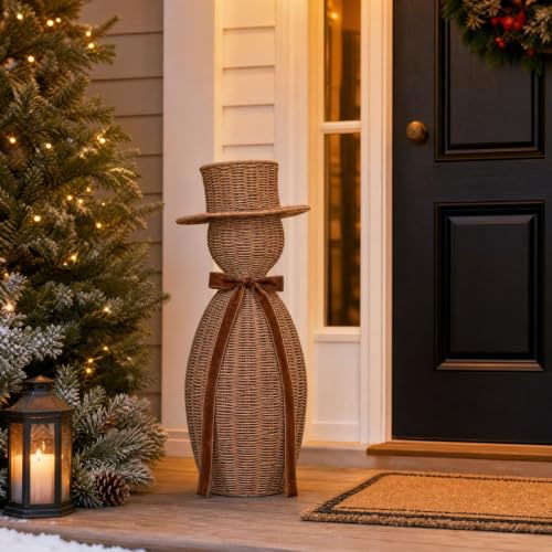 Faux Rattan Resin Snowman Figurine 15 Inch Christmas Decor With Velvet Bow - image 1