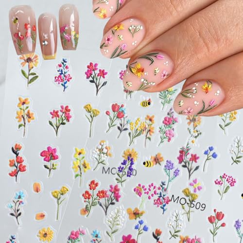 Flower Nail Stickers Small Floral Leaf Plant Nail Decals for Nail Art Design 3D Exquisite Wildflowers Nail Sticker Colorful Flower Adhesive Transfer Slider DIY Spring Tip Decor Manicure Accessory