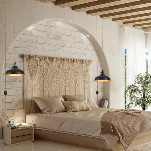Image of Plug in Pendant Lights Dome Hanging Lamp with Dimmable Switch 15 Ft Long Hemp Rope Farmhouse Pndant Light Cord Lighting Fixture DIY Hanging Light