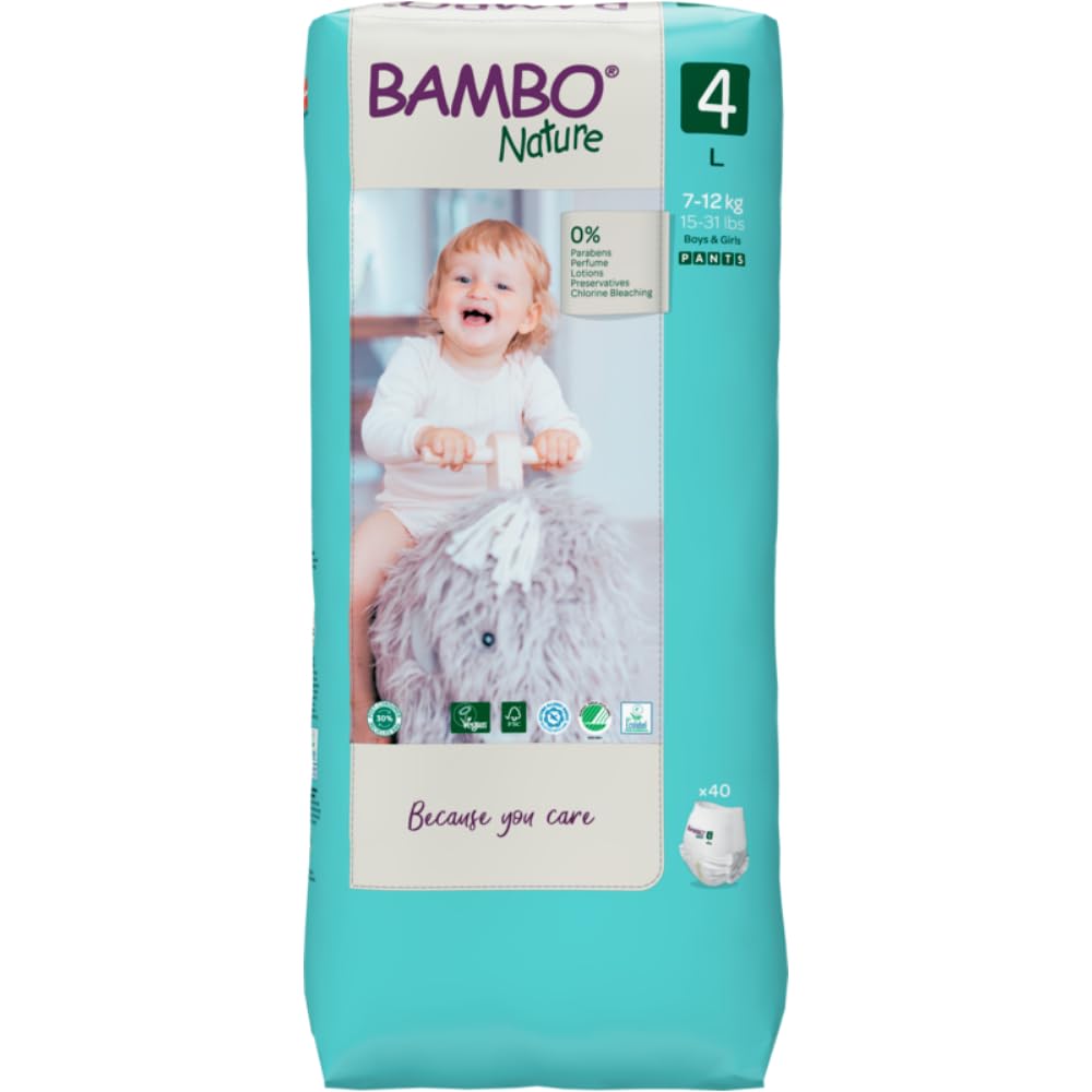 Bambo Nature Premium Baby Pants Diapers for Kids Large Size (7-12 Kgs), Super Absorbent, Breathable, Extra Soft, Dermatologically Tested, Hypoallergenic Infant Nappies With Wetness Indicator, 40 Count