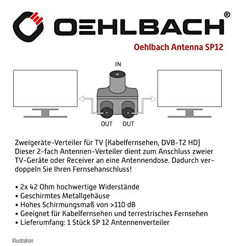 Oehlbach Antenna SP12 Antennen-Verteiler - geschirmtes Metallgehäuse - Zweigeräte-Verteiler für TV/Radio - Koax-Kupplung auf Koax-Stecker - DVB-T2 DVB-C2 HDTV UHD - Silber – Bild 6
