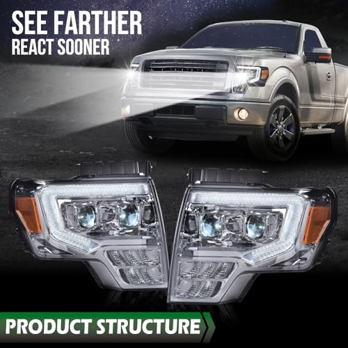 Image of GRAND ORANGE LED Tube Headlights Assembly, Compatible with 2009-2014 Ford F150 LED Tube Dual Projector Headlights Assembly with Switchback(Smoky lens Chrome Housing Amber Reflector)