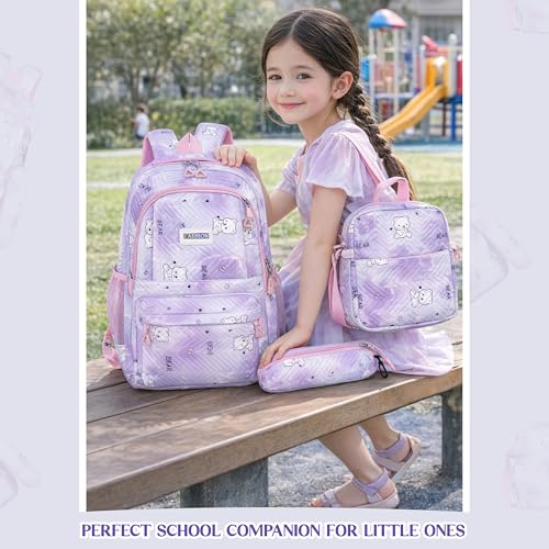 Image of Storite 3 PCS Kids School Backpack Set for Girls & Boys | 17 Inch Lightweight Backpack with Lunch Box & Pencil Case | Purple Bear Print School Bag for Elementary, Middle & High School