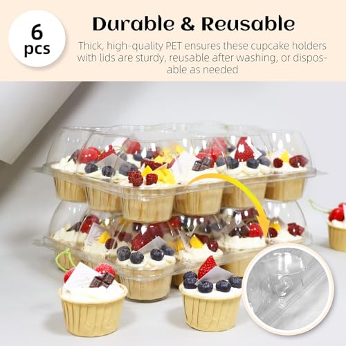 Image of WIKDAY 12 Count x 6 Sets Plastic Cupcake Containers, Durable and BPA-Free Cupcake Holder with Lid for Easy Transport Storage, Stackable Clear Cupcake Carriers, Reusable Dessert Boxes