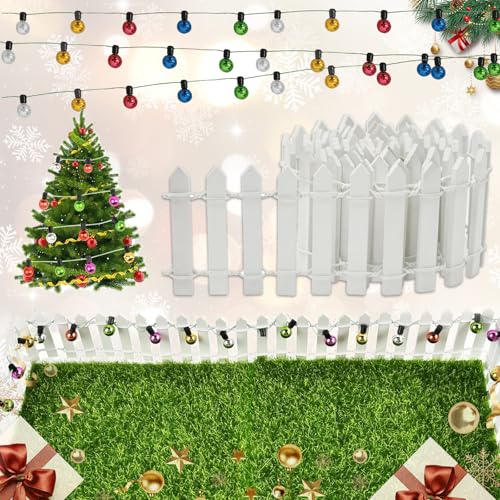 WiDream 3 Piezas Mini V-alla 90 x 5cm, Valla En M-iniatura de Jardín Con Luz y Césped, Valla de Madera En Miniatura de Navidad Blanco, Mini Valla Decorativa Para Jardín Para Paisajes En Miniatura