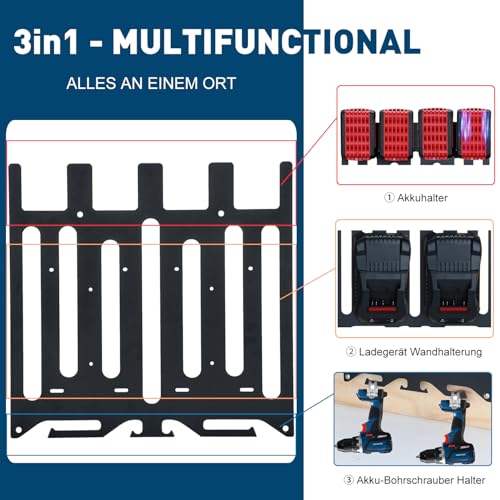 TOPOWN 3in1 Wandhalterung für Bosch Professional Ladegeräte GAL 1880 CV / 18V-40 / 18V-160 C / 3680 CV und GAX 18V-30, für Bosch 18V Akkus