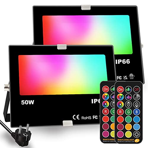 Led Strahler Außen, Farbwechsel 50W, DIY-Blitzmodus, RGB Led Fluter 12 Farben, Timer, Fernbedienung inklusive, IP66 wasserdicht Cover