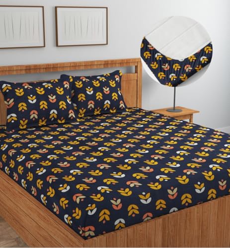 Image of NEW LEAF Cotton Fitted King Bedsheets with 2 Pillow Covers | Elastic Fitted | Wrinklefree | Ultrasoft |Winter Bedsheet 200 to 220 tc Floral | 78x72+8 Inches, Floral Black Yellow