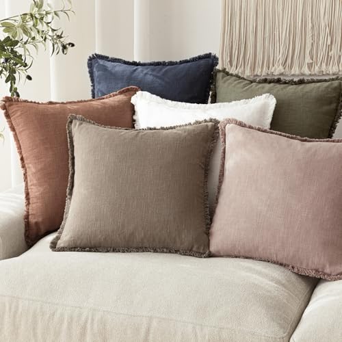 Image of Foindtower Decorative Linen Fringe Throw Pillow Covers Cozy Boho Farmhouse Cushion Cover with Tassels Soft Accent Pillowcase for Chair Sofa Bed Living Room Home Decor, 20x20 Inch,1PC,Dusty Pink