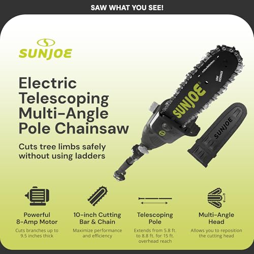 Image of Sun Joe Corded Electric Telescoping Pole Saw, Pruning Power Tool with 10 Inch Bar, 8 Amp Power with 14 Foot Reach for Ground-Level Tree Trimming.