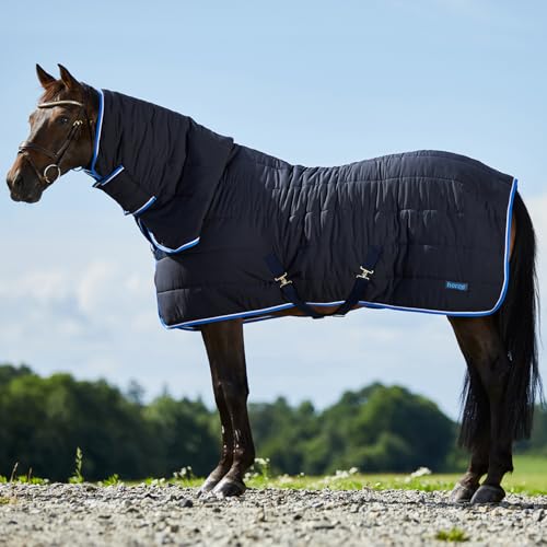 Image of Horze Glasgow Combo Anti-Slip Indoor Stable Horse Blanket with Attached Neck Cover (150g Fill) - Dark Blue - 78 in