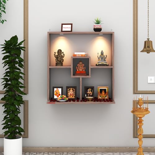 Image of Redwud Shally Engineered Wood LED Light Wall Mounted Puja Temple for Home & Office | Modern Design Stylish God Stand Pooja Mandir | Coachwood (D.I.Y-Installation)