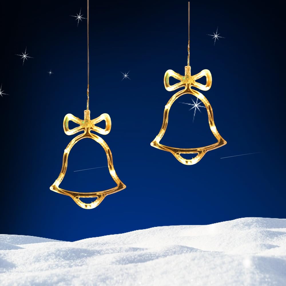 2PCS Christmas Window Fairy Lights with Suction Cup,Hanging Christmas Window Light,Fairy Lights Battery Operated Hanging Lamp Decorations for Indoor Outdoor Xmas Tree,Fireplace (2, bell)