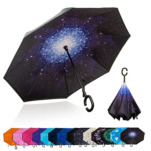 BYNDBYND 【逆さ傘】濡れない傘 自立できる傘 逆さに閉じる傘 遮光率99%のUVカット 晴雨兼用傘 男女兼用 選べる18種類 ギフトに最適 長傘 (青の銀河)