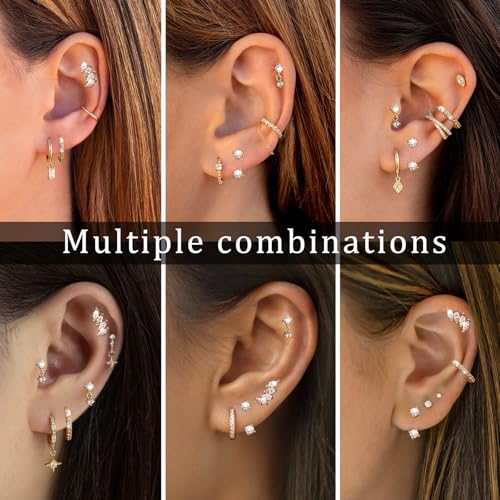 4 Pairs 14K Gold Stud Earrings for Women,Flat Back Earrings Dainty Small Gold Hoops Jewelry Cartilage Earrings for Women4