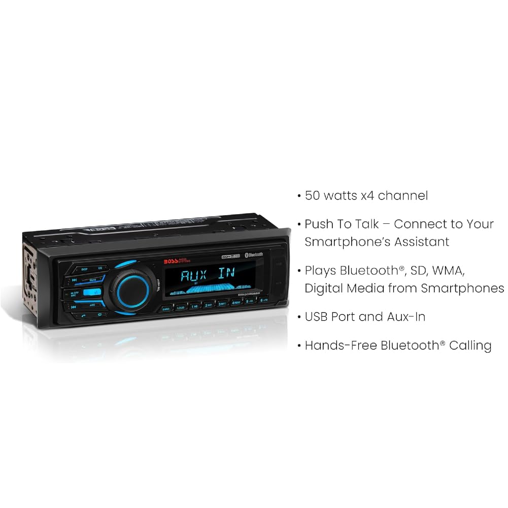 ZESTAW DO BOSS AUDIO SYSTEMS MR1308UABK, Radio single DIN, odbiornik AM/FM, stereo, AUX/USB/MP3, z Bluetooth, morskie, do łodzi i pontonów, czarne, 1 sztuka + akcesoria gratis