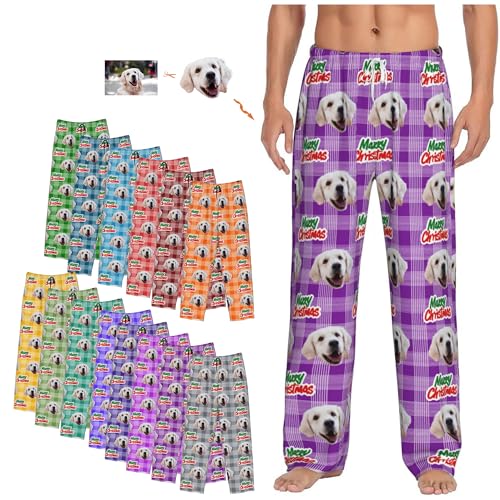 Custom Pajamas Pants Plaid Christmas, Men's Personalized Customized Dog Cat Face PJ Pants with Photo Husband Bottoms Sleepwear Custom Gifts for Boyfriend