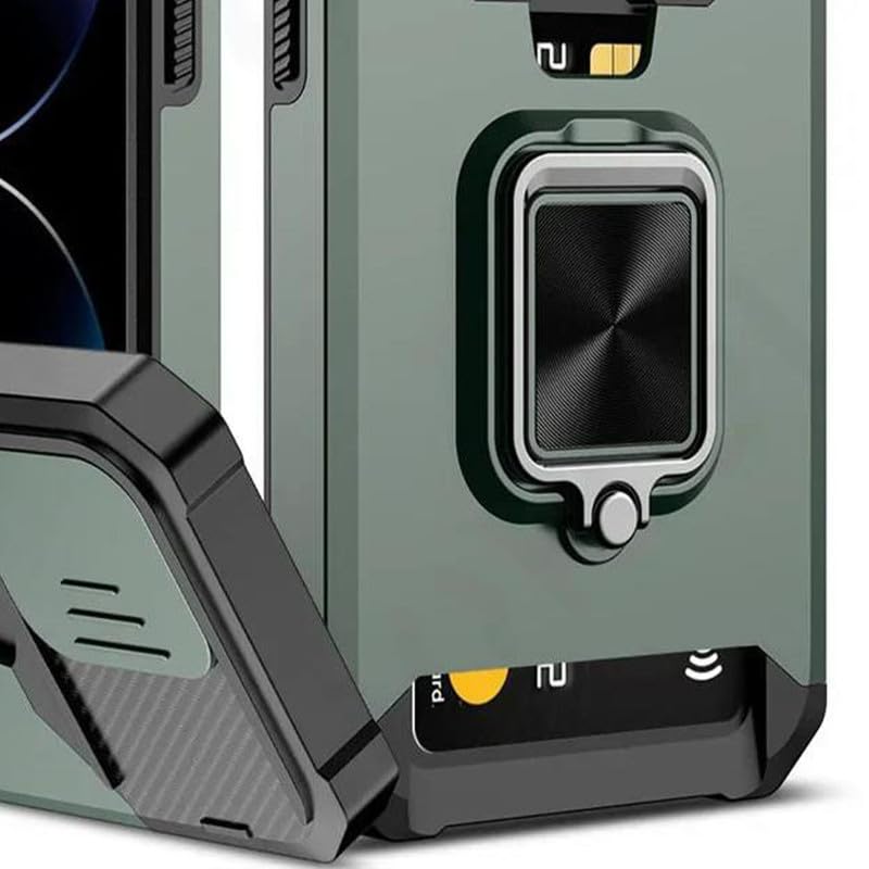 Image of LuxuryKase Shockproof Armor Case for iPhone 16 Plus | Slide Camera Cover | Hidden Card Slot | Rotating Ring Kickstand | Magnetic Car Mount Support | Military Grade Protection - Green
